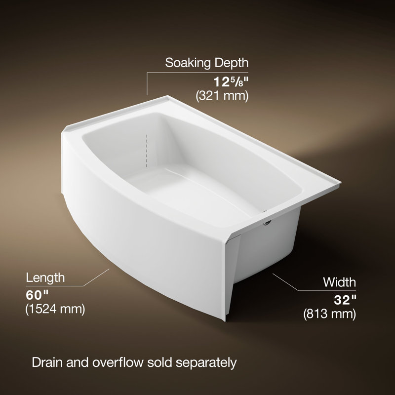 Expanse 60" x 38" Curved Integral Apron Bathtub, White, Right-Hand Side