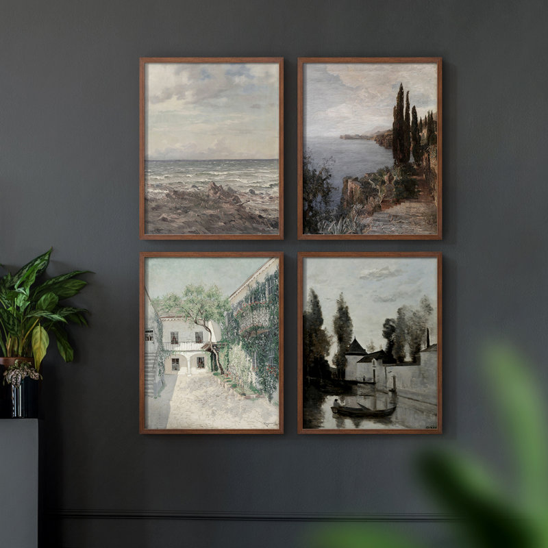 "Vintage Landscape XVIII" 4 pièces sur papier, Noir, H 14 po x l 44 po