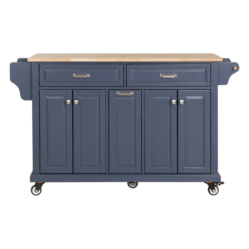 Shadae Kitchen Island with Rubber wood Countertop, Kitchen Cart on 5 Wheels with Storage Cabinet, Navy