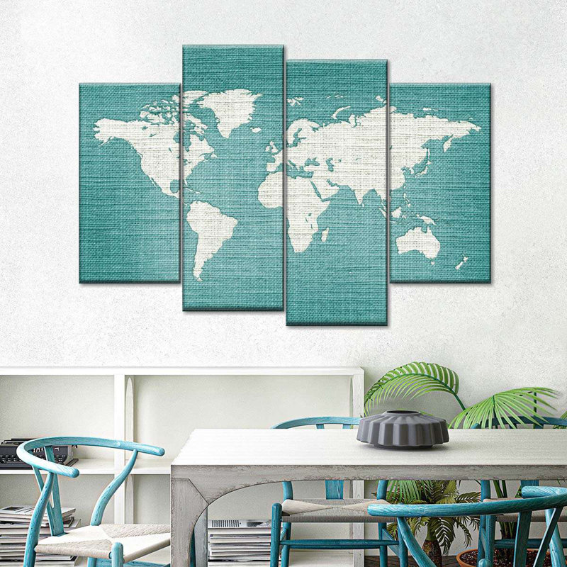 " Mint Linen World Map " by Globetrotter Studio 4 - Pieces, 36" H x 22" W x 1" D