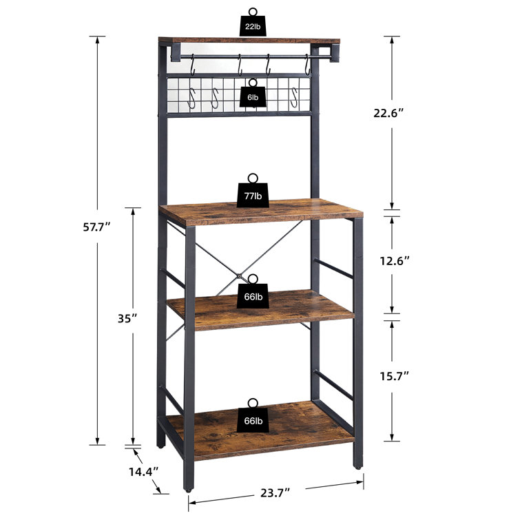 4-Tier Kitchen Rack Stand with Hooks & Mesh Panel