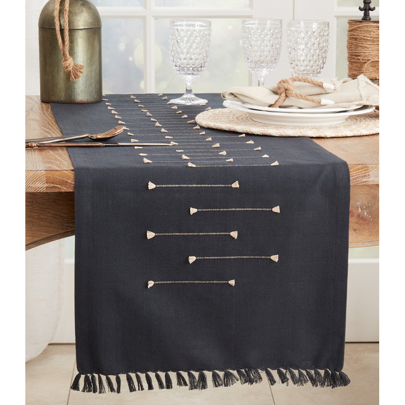 Runner_Fringe Table Runner With Line Design, Black