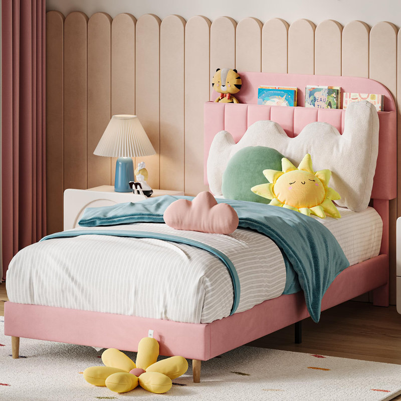 Structure de lit simple en velours avec tête de lit bibliothèque, support en acier robuste, lit tapissier pour enfants, Rose