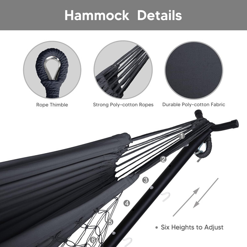 Hamac double portatif convertible 2 en 1 avec support inclus, hamac d'extérieur et support, breveté, gris foncé avec pampille