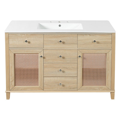 48-Inch Natural Rattan Bathroom Vanity: Solid Wood Frame, 5 Drawers, 2 Rattan Cabinet Doors and Premium Ceramic Sink
