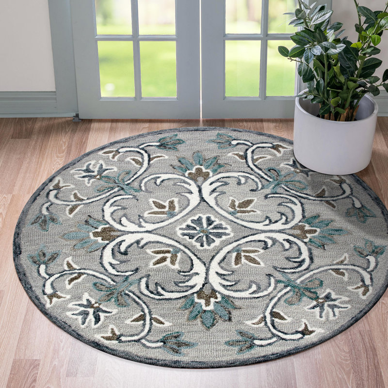 Hand Tufted Wool Floral Indoor Rug, Round 4'