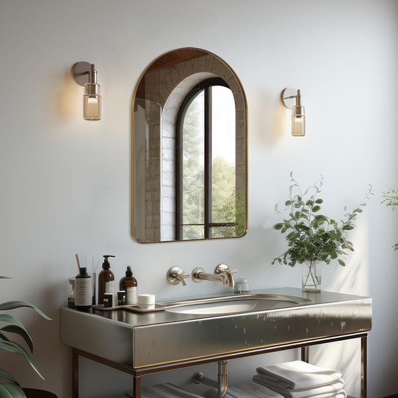 Miroir de salle de bain Hafsa Cadre en acier inoxydable, 30 po x 20 po, Or brossé