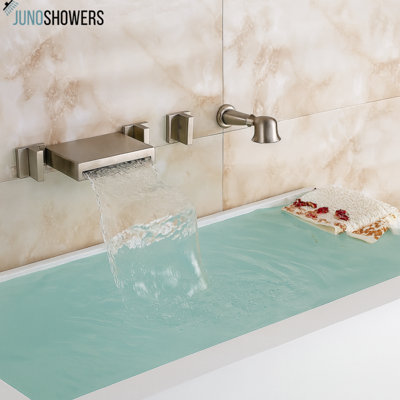 Juno Triple Handle Waterfall Bathtub Faucet with Handheld Shower – Brushed Nickel Finish, Deck Mount, Brass Construction