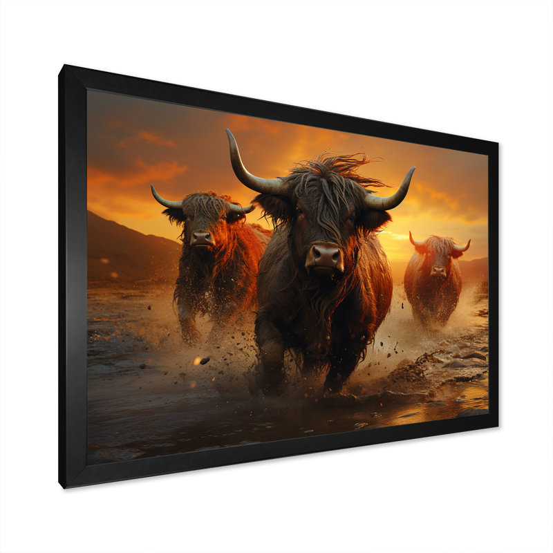 «Expressionist Yaks Horizon I» sur toile, H 34 po x l 44 po x P 1,5 po, Cadre simple noir
