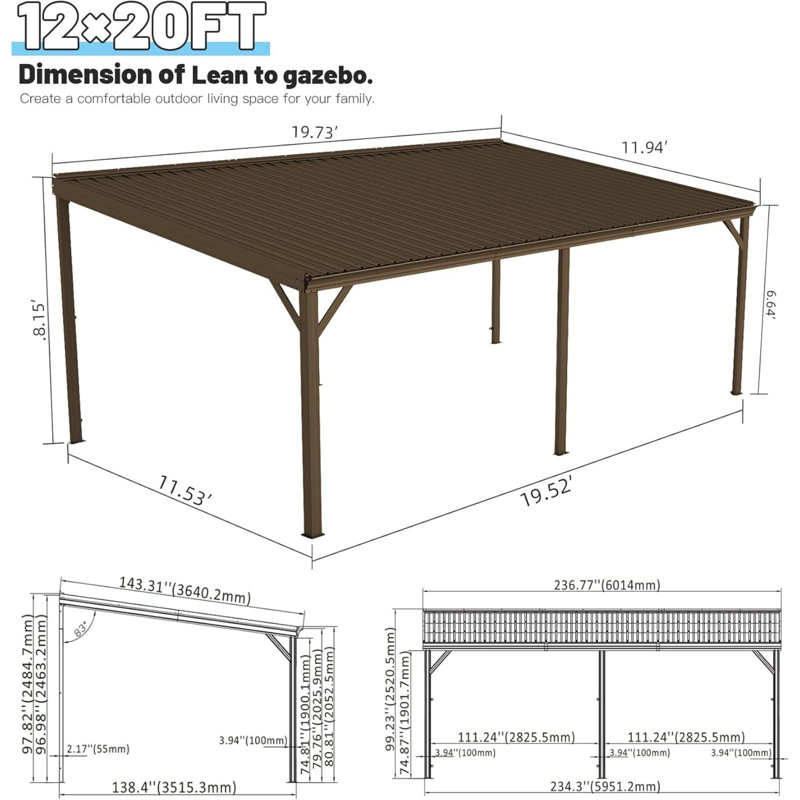 Grands auvents et abris de jardin de 12 pi x 20 pi (cadre inclus), patio en acier moderne