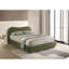 Grand lit tapissier en velours olive, tête de lit courbée, rangement, structure en bois massif de style contemporain, décor de chambre transitionnel