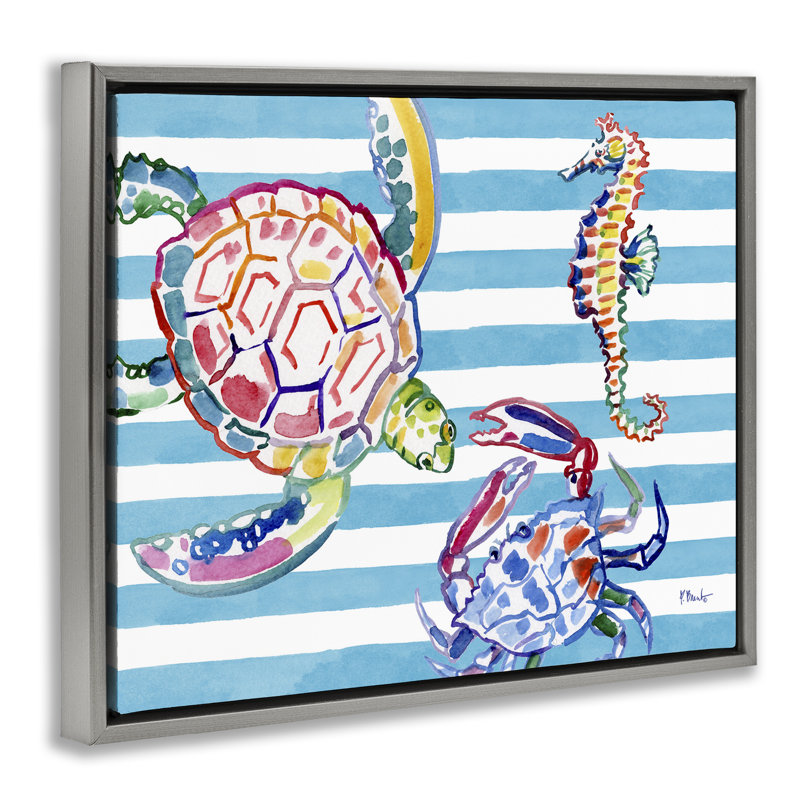 Cadre flottant brossé Sea Life sur rayures, design par Paul Brent, H 17 po x l 21 po, Cadre flottant gris lustré