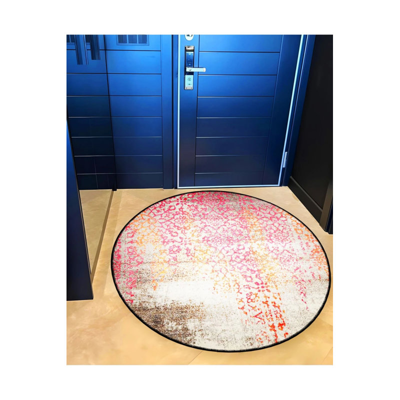 Pink Orange Ethnic Detailed Woven Base Modern Decorative Carpet, Round 4'