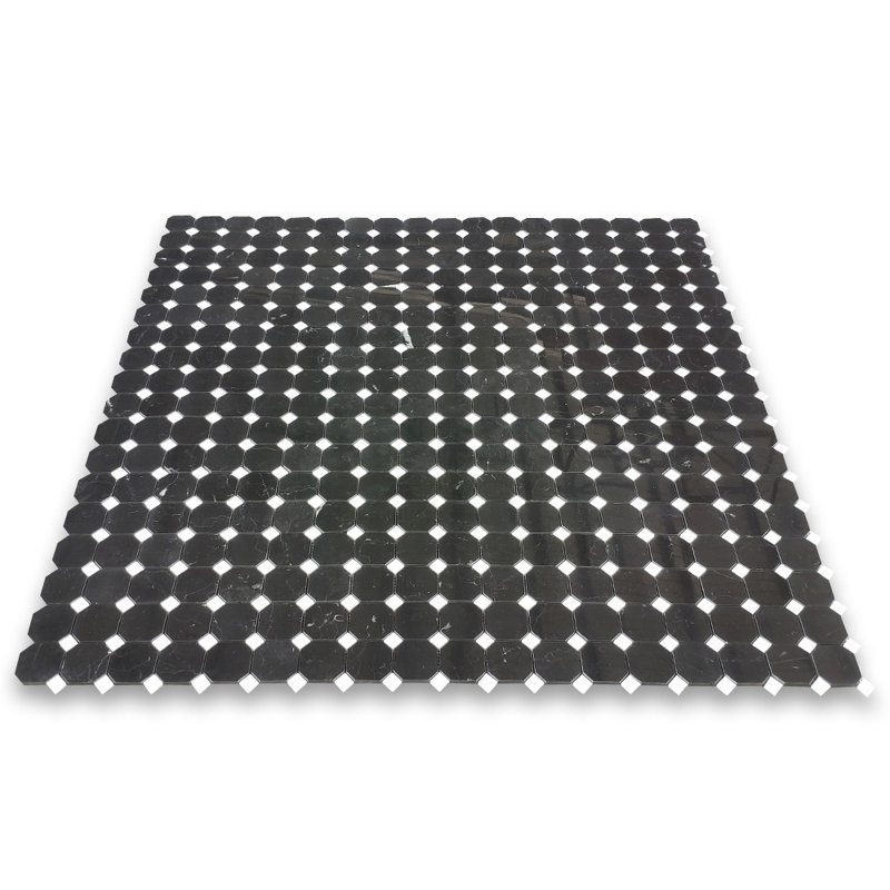 Nero Marquina Black Marble 2 Inch Octagon Mosaic Tile W/ Thassos White Dots Polished