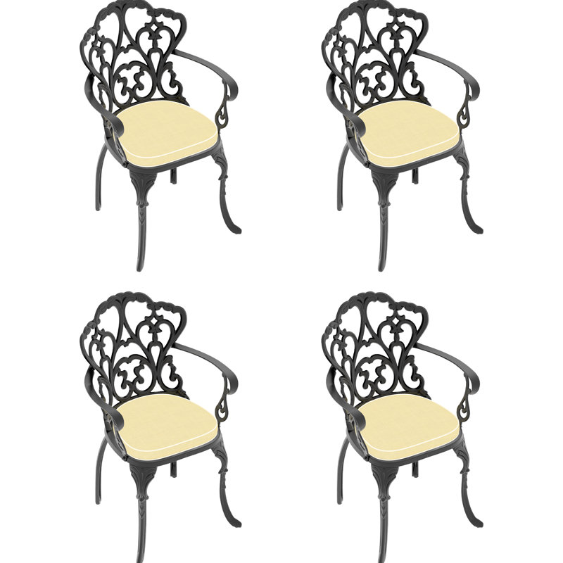 4 chaises de jardin en fonte d'aluminium avec structure noire, coussins remplis de mousse à cellules ouvertes de couleur aléatoire, revêtement, sièges de rangement empilables et confortables, design