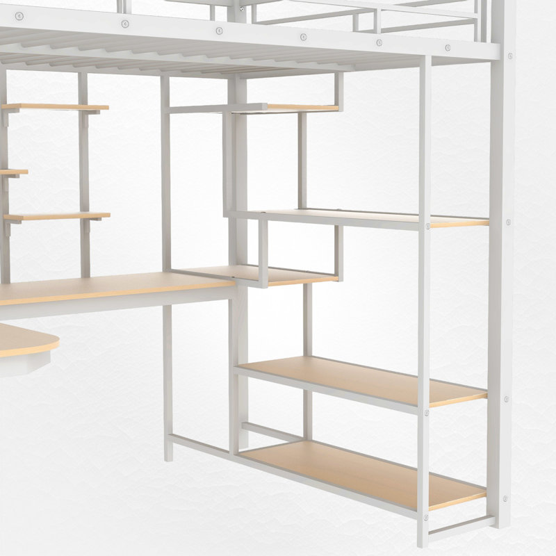 Lit mezzanine double en métal avec bureau intégré et bibliothèque, Blanc