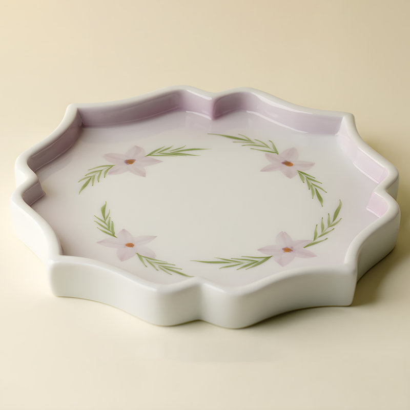 White Porcelain Gradient Purple Flower Teapot Holder | Hand Drawn Ceramic Dry Tea Tray | High Aesthetic Tea Tray | Essential For Tea Ceremony