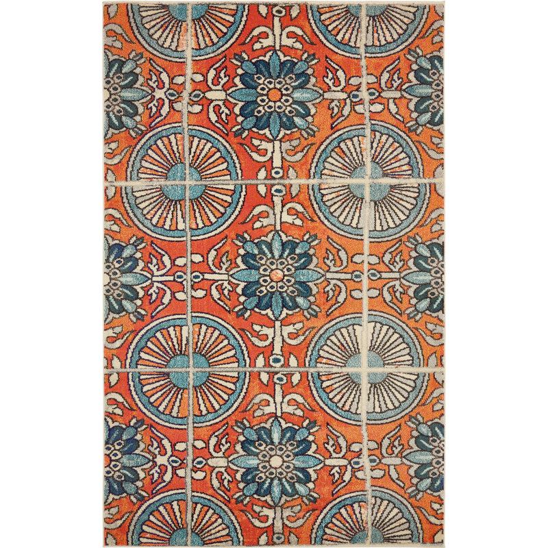 Tapis géométrique orange / bleu / brun Eddins, Rectangle 3 pi 3 po x 5 pi 3 po
