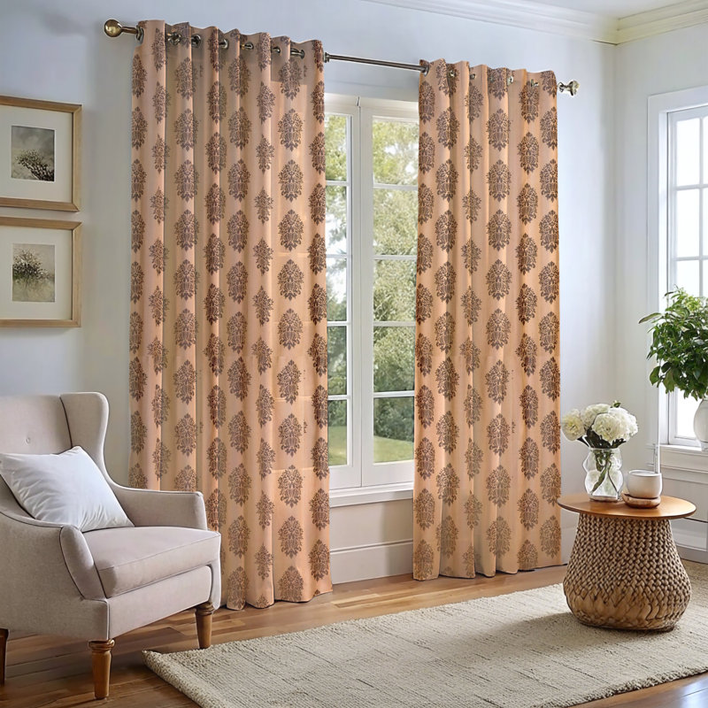 Burlap Print Cotton Light Filtering Grommet Curtain with Cotton Lining for Bedroom, 51" W x 108" L, Natural/Black