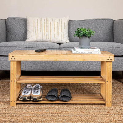Slatted Bamboo Entryway Bench with Dual Shelves