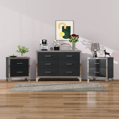 Ensemble de table de chevet 3 pièces, une armoire à 6 tiroirs et 2 tables de chevet, un coffre de rangement en bois ultrabrillant