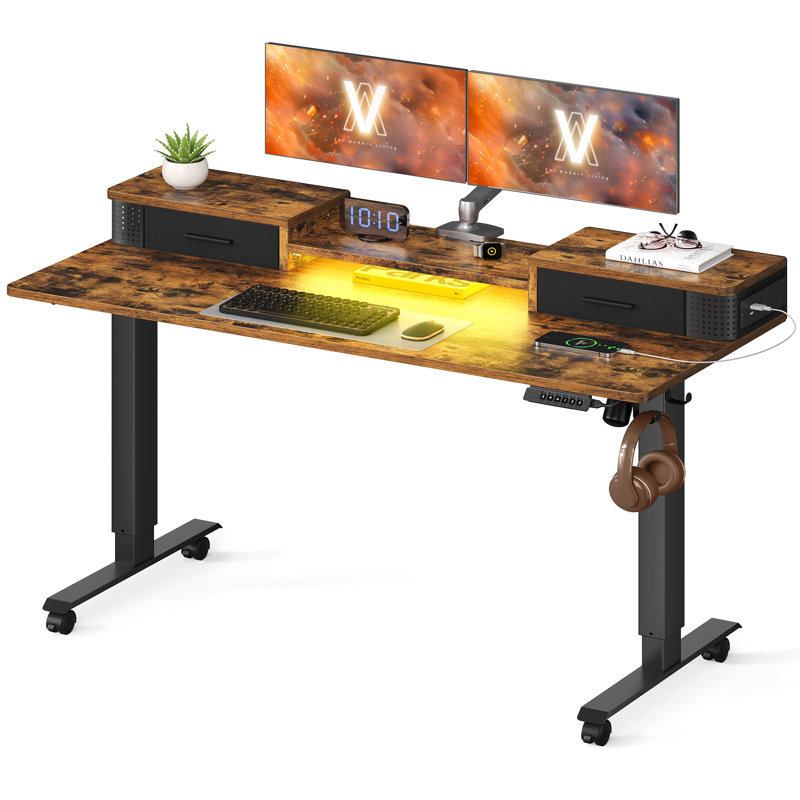Adjustable Height Steel Computer Desk with Built-In Electrical Outlet
