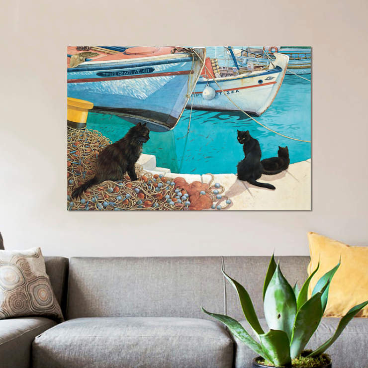 " Looking At The Fish " by Ivory Cats, 18" H x 26" W x 1.5" D, No Mat, Wrapped Canvas