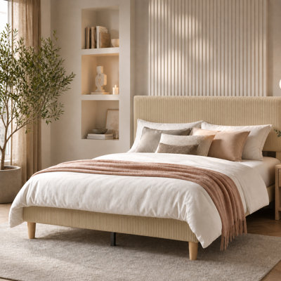 Aadi Corduroy Upholstered Platform Bed with Channel-Tufted Headboard, Modern Queen Bed Frame with Soft Padded Edges and Ambient LED