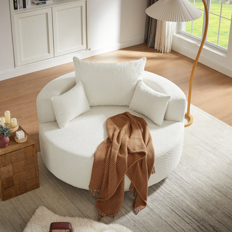 Fauteuil d'appoint en chenille pivotant à 360 ° Chunni avec coussins amovibles, H 26,9 po x l 55,1 po x P 55,1 po, Blanc