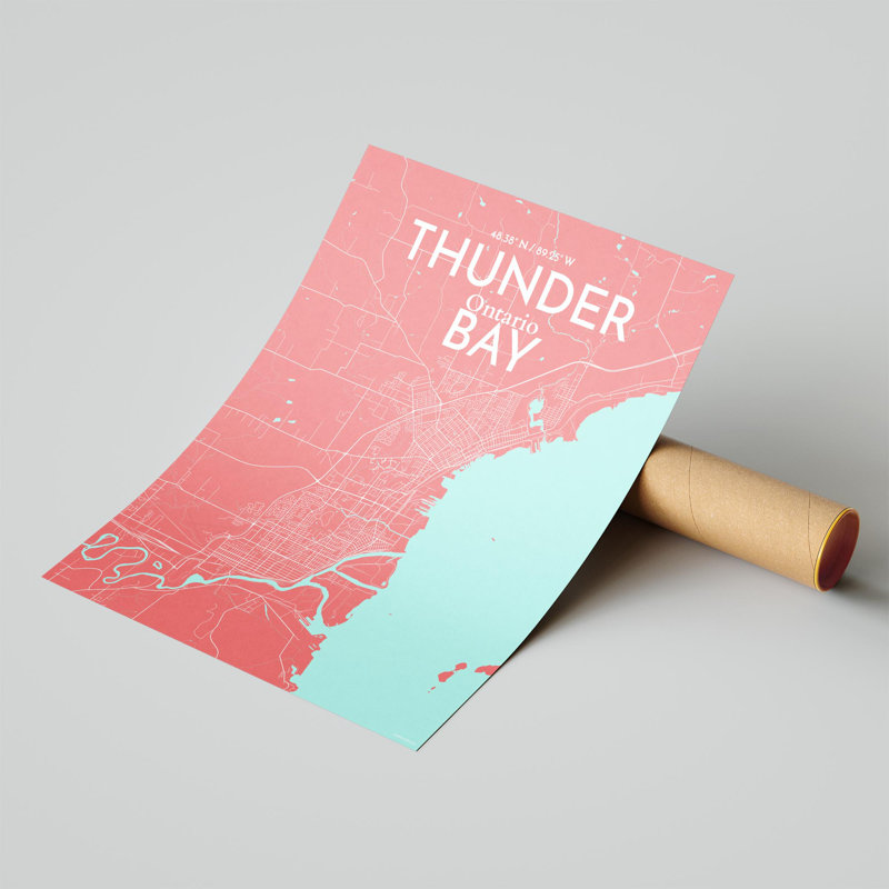 Thunder Bay City Map, impression, Rose / bleu pastel, H 20 po x l 16 po