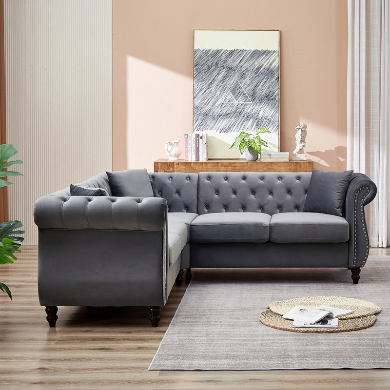 Canapé modulaire de coin 3 pièces Kamily, Velours gris