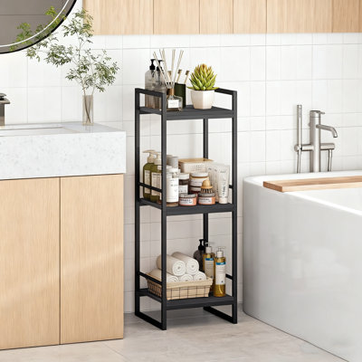 3-Tier Freestanding Storage Shelf, Heavy Duty Metal Frame With Wood-Look Shelves For Bathroom, Kitchen, Laundry Room, Bedroom, Space Saving Corner Organizer With Easy Assembly
