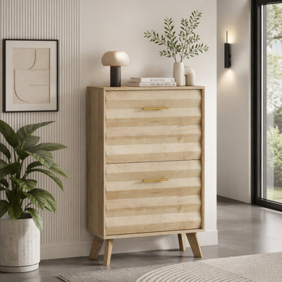 23.6″ Oak Slim Flip-Top Shoe Cabinet, Mid-Century Modern Freestanding Entryway Shoe Storage with Double Flip-Top Doors, Open Top Shelf, and Gold Handles