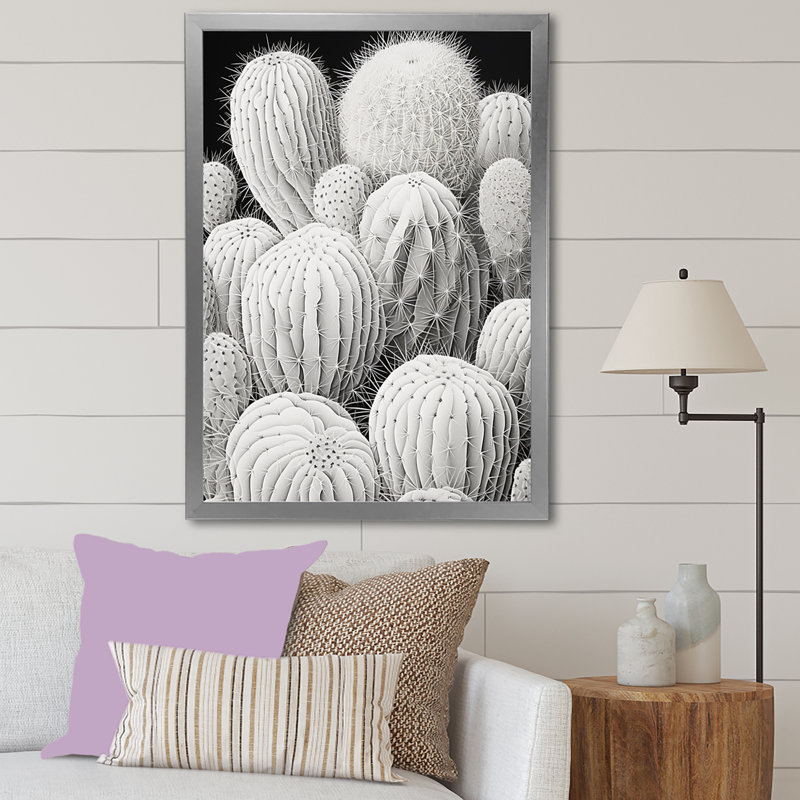 " Black White Minimalism Cactus ", 32" H x 16" W x 1" D, Silver Single Picture Framed