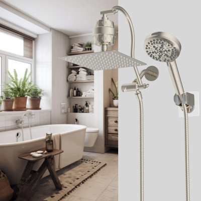 Pomme de douche pluviale filtrée 10 po, haute pression, bras d'extension incurvé réglable de 12 po, filtre de douche à 20 niveaux, 10 jets, tuyau de 71 po