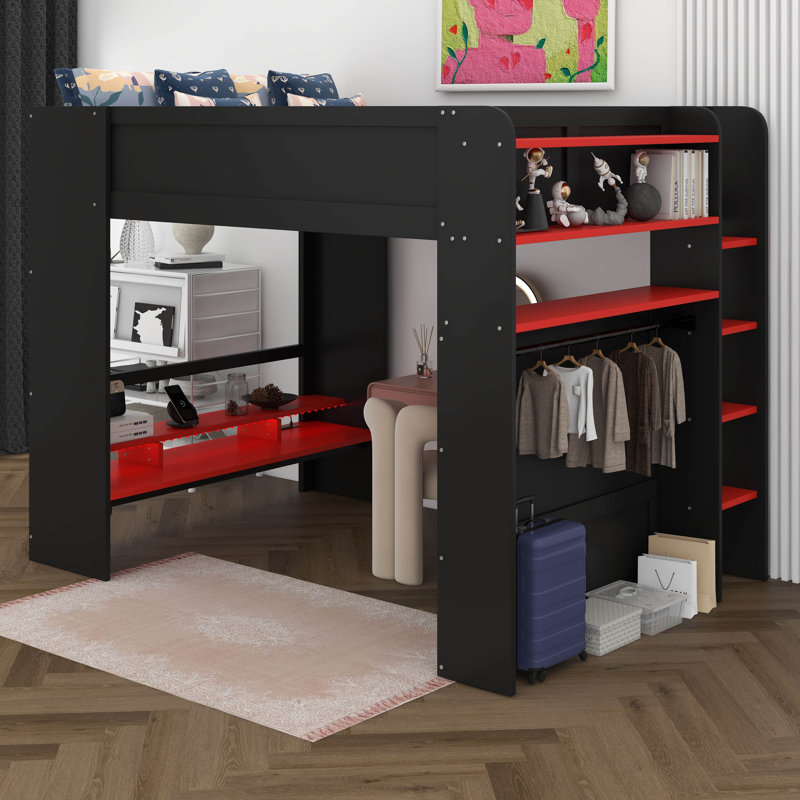 Lit superposé double pleine grandeur avec bureau à hauteur réglable et garde-robe, lit mezzanine en bois avec lumières RVB, chargement USB, gestion des câbles