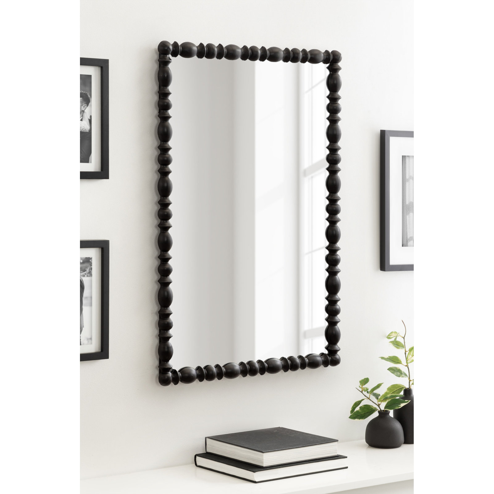 Rectangle Scalloped Wooden Mirror, Manufactured Wood, Black