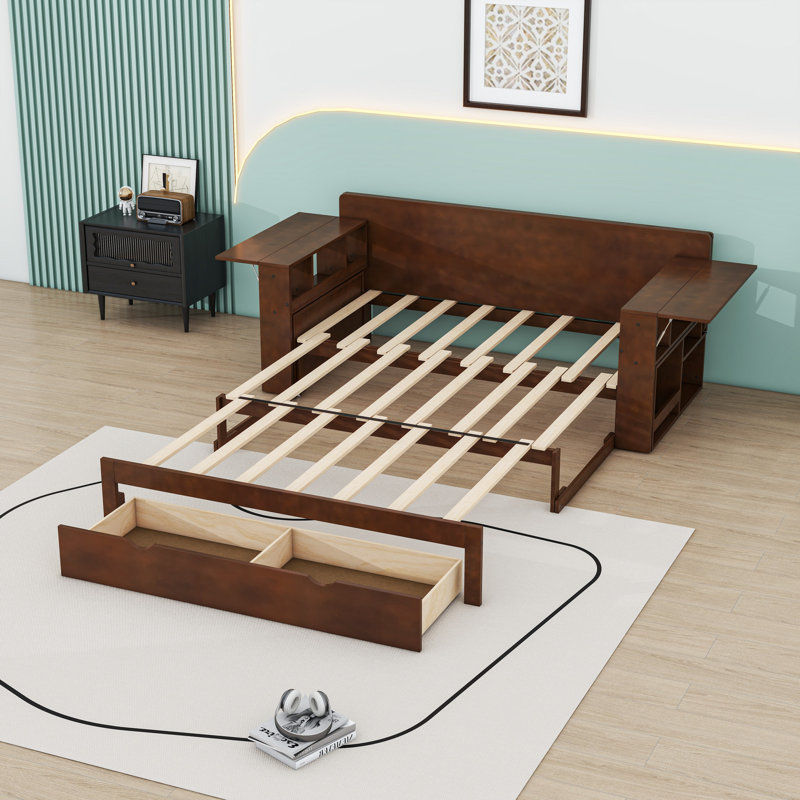 Wooden Convertible Daybed with Built-in Desk and Drawer, Full/Double, Espresso