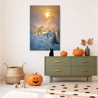 1 PC encadré Knorr peinture ours polaire, coucher de soleil polaire, impression de décor de paysage naturel réaliste affiche murale rétro cadeau parfait pour une œuvre d'art moderne pour le salon de la chambre à coucher