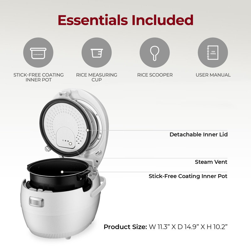 White 10-Cup Electric Stainless Steel Rice Cooker with Non-stick Pot