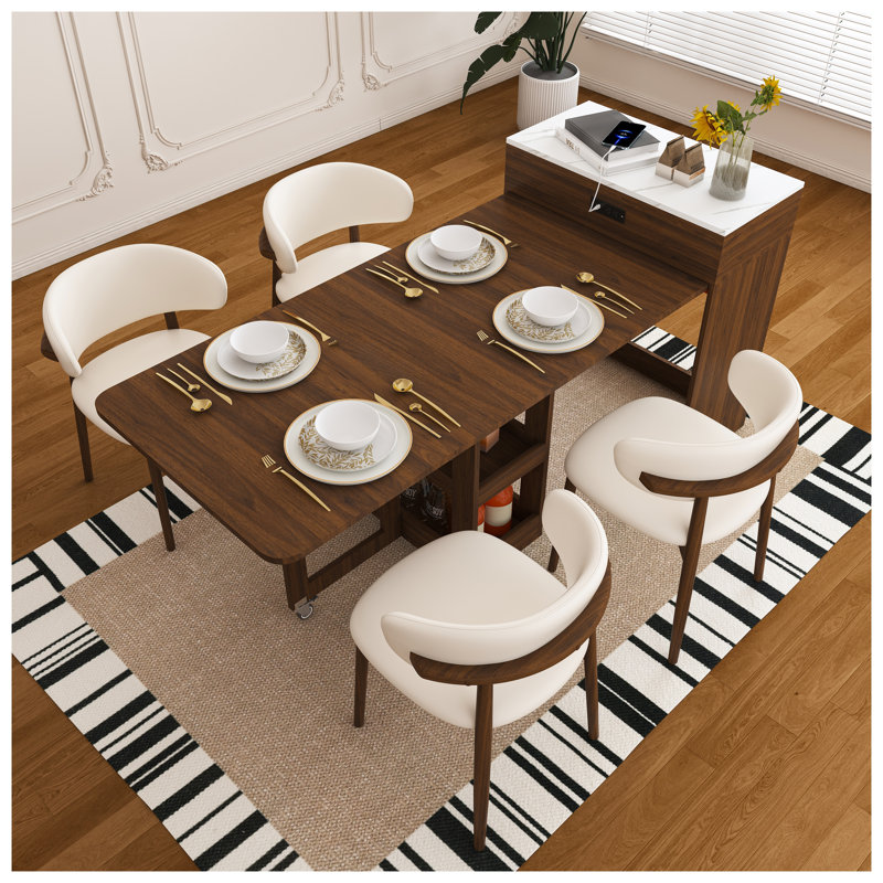 Table de salle à manger extensible de 188 cm avec prise électrique, roulettes verrouillables et armoire de rangement, îlot de cuisine en MDF fini noyer naturel