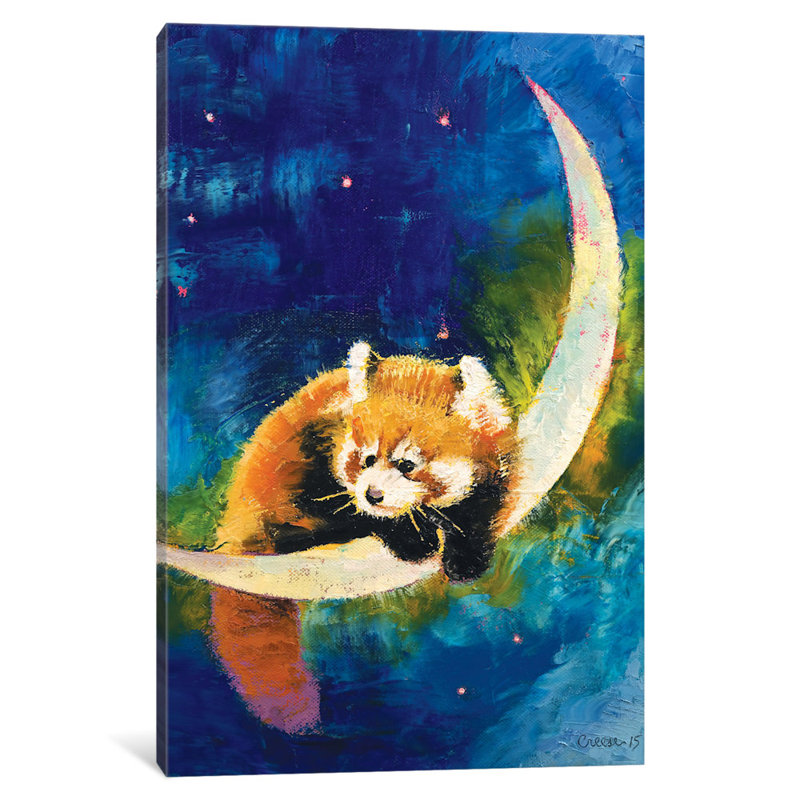 « red panda moon », peinture sur toile tendue, H 26 po x l 18 po x P 1,5 po, Pas de tapis, Toile tendue