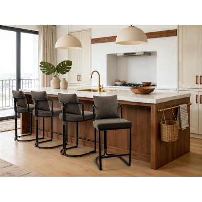 26'' Boucle Counter Stools With Backrest & Metal Frame, Modern Upholstered Bar Chairs For Kitchen Island