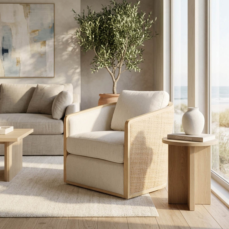 Fauteuil d'appoint en bois et en bois d'hévéa tissé avec dossier incurvé et dossier incurvé pour le bureau de la chambre à coucher - 32 po ivoire et beige