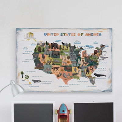 Carte colorée des animaux des États-Unis III, reproduction sur toile tendue