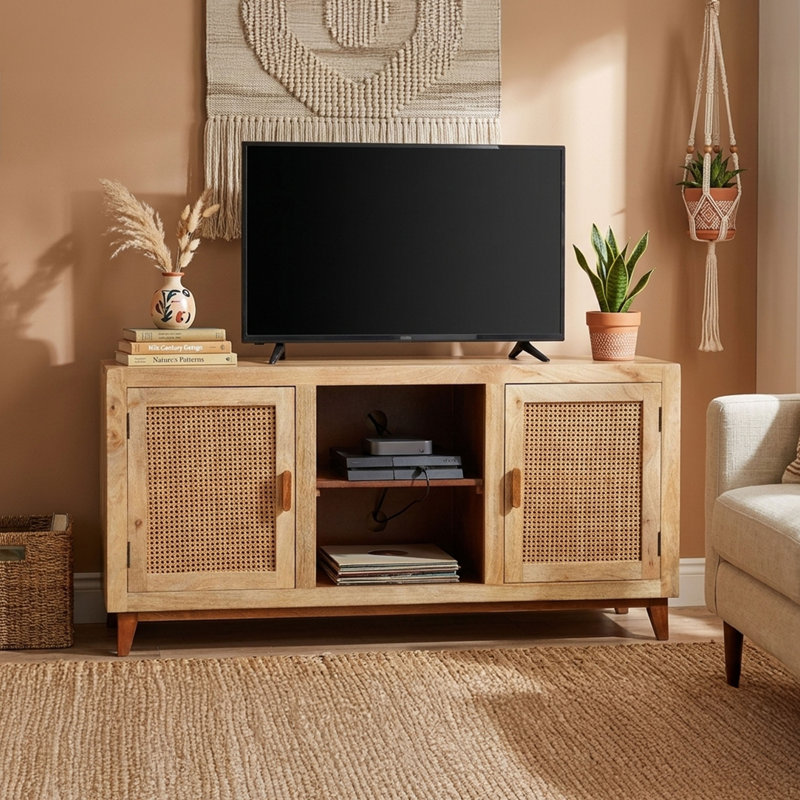 Aru 58 Inch Sideboard Buffet Cabinet, 2 Cane Doors N Open Shelves, 2 Tone Antique Brown Mango Wood