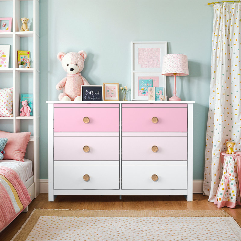 Bustillo 46.1'' W kids 6 -Drawer Dresser, White/Light Pink/ Baby Pink
