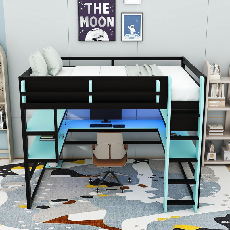 Wood Loft Bed with Desk, LED Light, Charging Ports and Shelves, Full, Cloud Blue