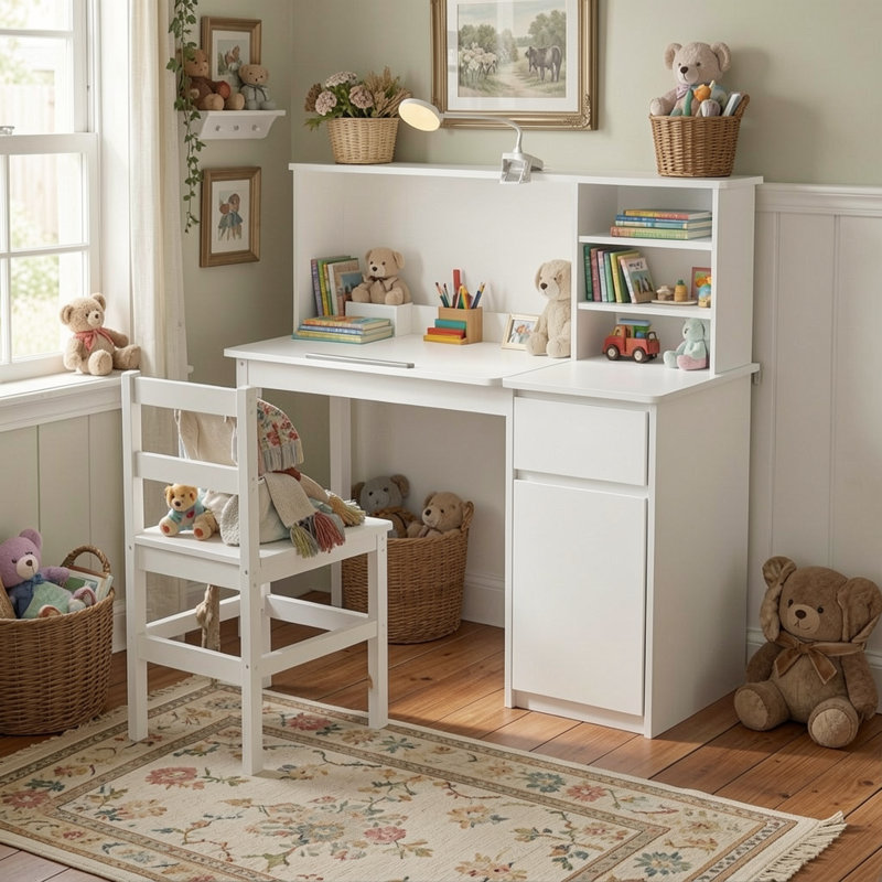 Kids Study Desk And Chair Set With Bookshelf, Flip-Top Desk, LED Lamp