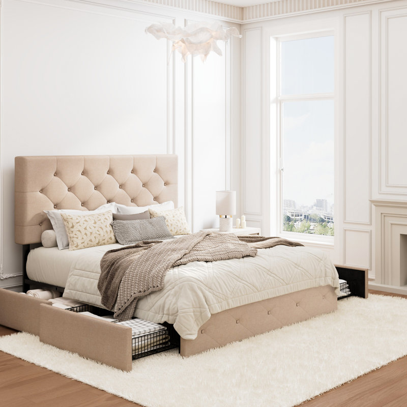 Storage Platform Bed with 4 Drawers and Adjustable Diamond Pattern Linen Headboard, Queen, Beige